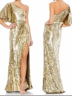 Mac Duggal Gold Sequin one shoulder -Strap Dress